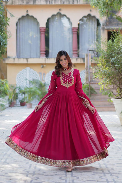 Pink Designer Georgette Gown With Dupatta