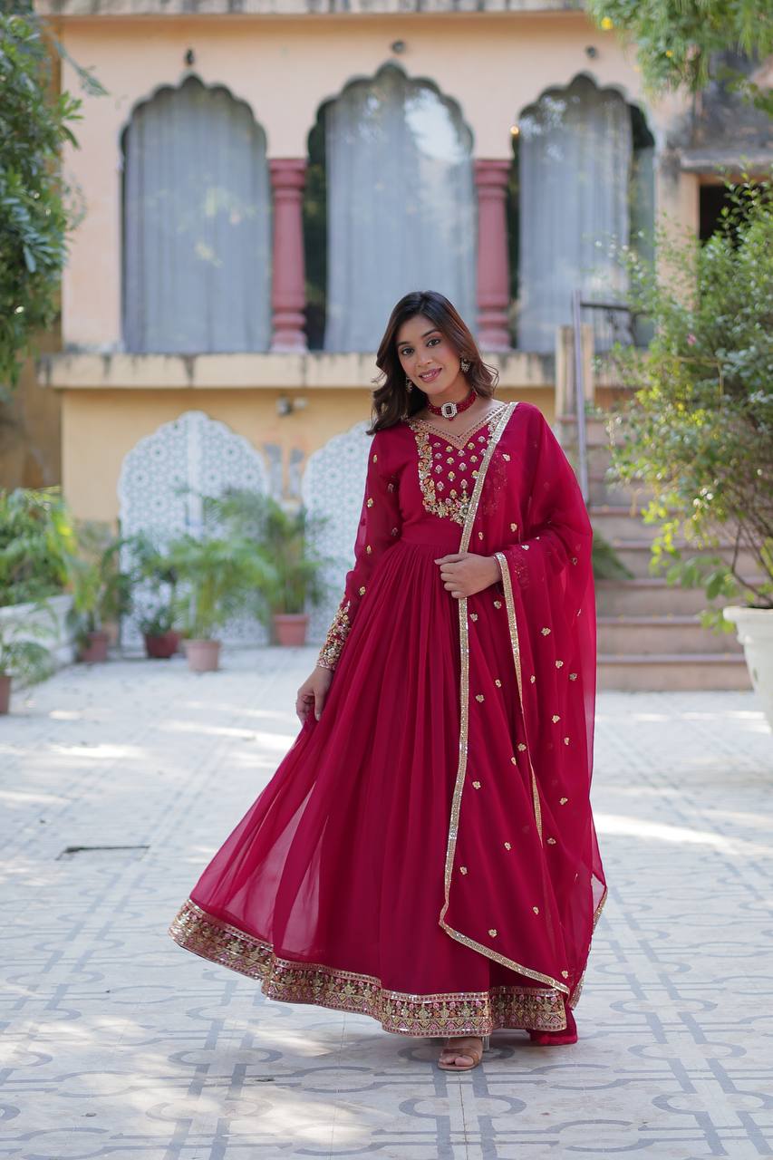 Pink Designer Georgette Gown With Dupatta