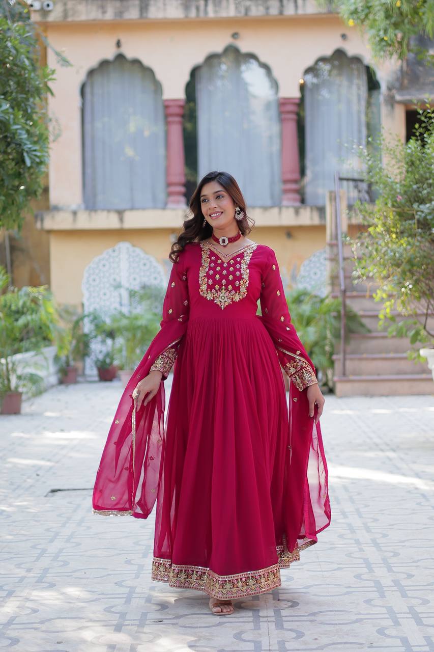 Pink Designer Georgette Gown With Dupatta
