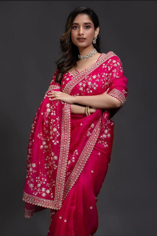 Pink Designer Organza Silk Saree | Replica Design