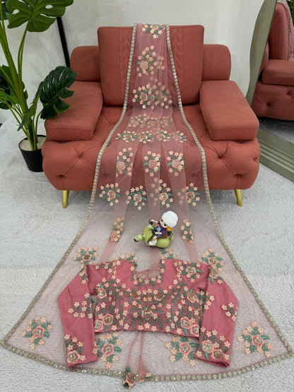 Pink Designer Party Wear Net Saree