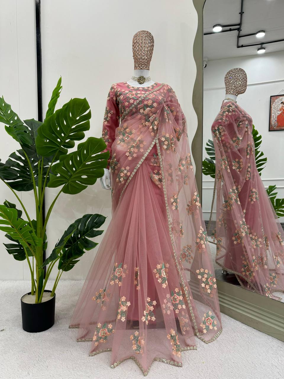 Pink Designer Party Wear Net Saree