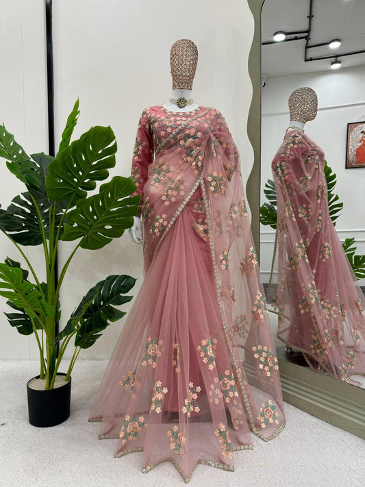 Pink Designer Party Wear Net Saree