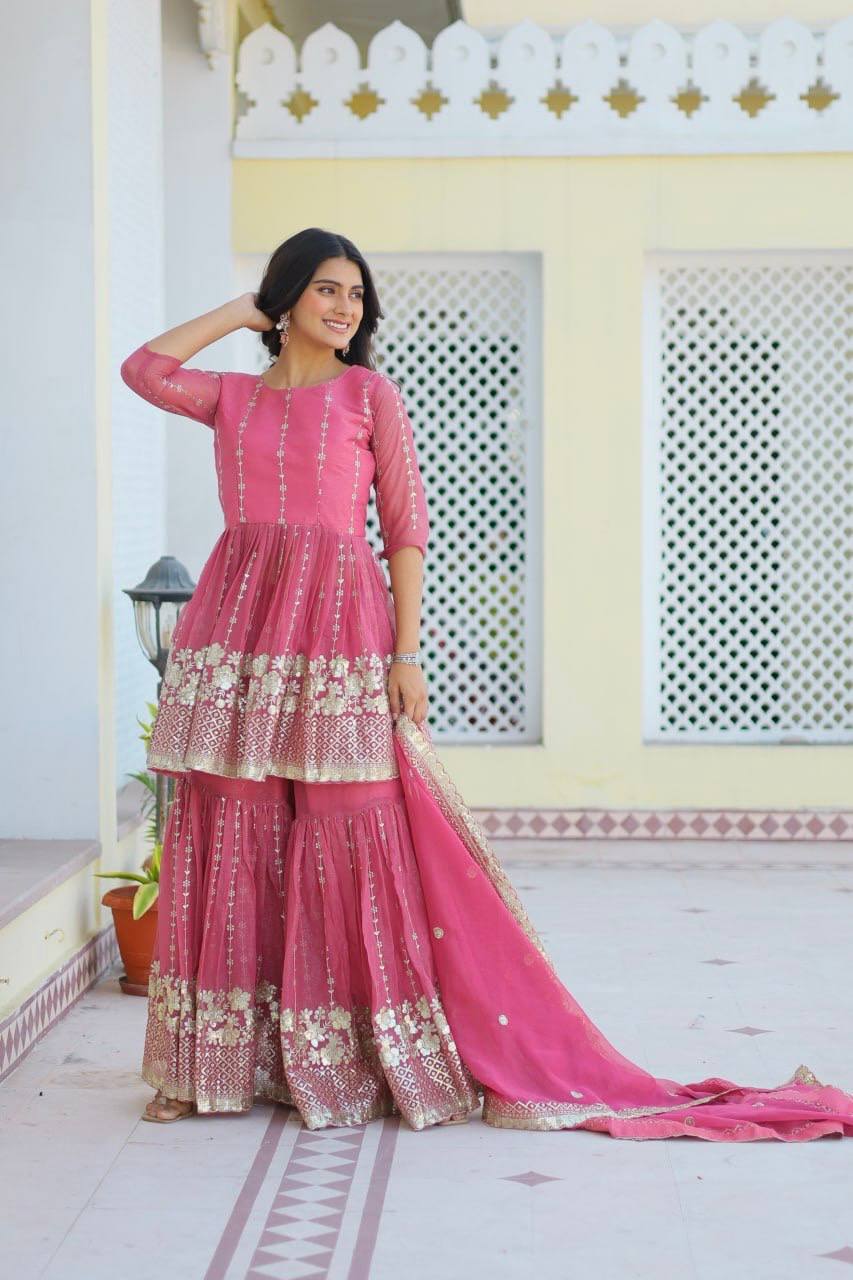 Pink Designer Readymade Top-sharara-dupatta