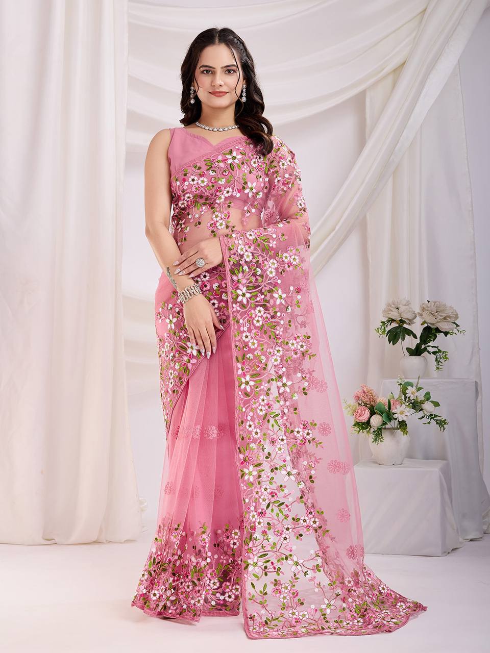Pink Designer Soft Net Saree