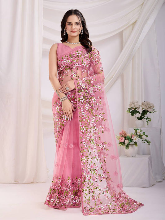 Pink Designer Soft Net Saree