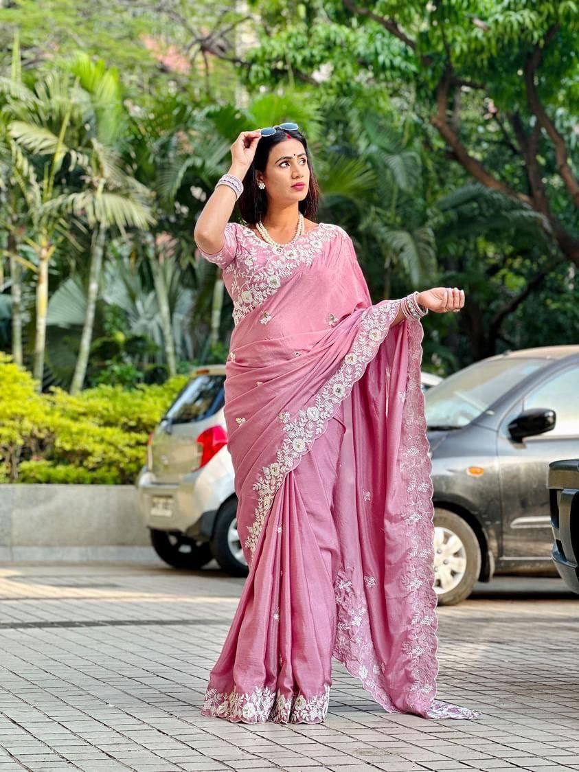 Pink Designer Wedding Wear Chinon Silk Saree