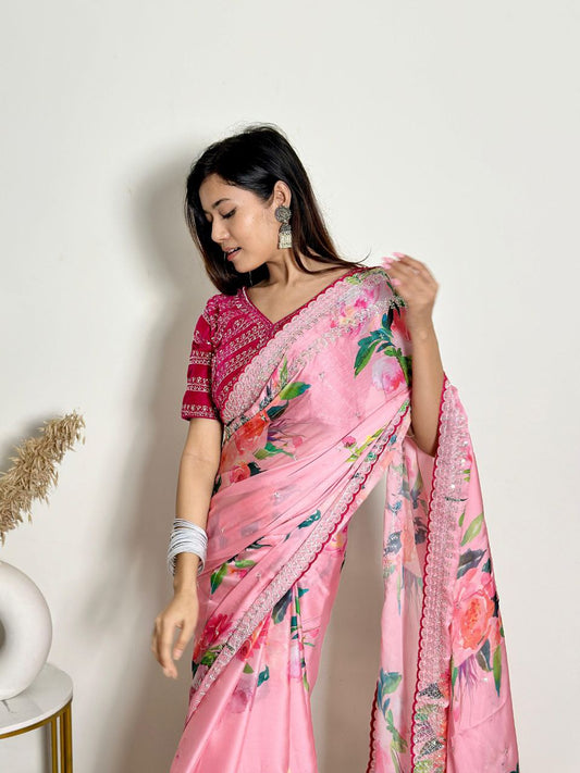 Pink Floral Georgette Satin Saree