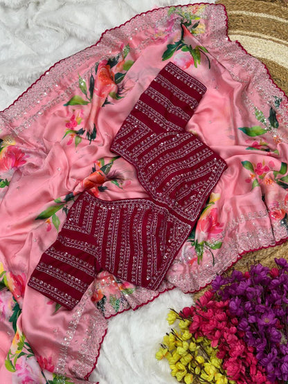 Pink Floral Georgette Satin Saree