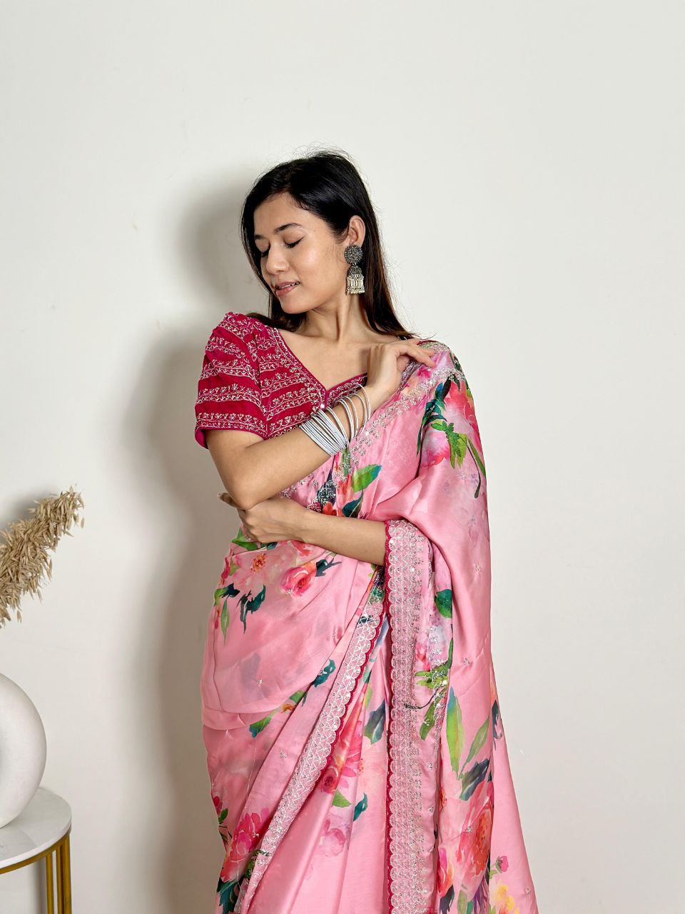 Pink Floral Georgette Satin Saree