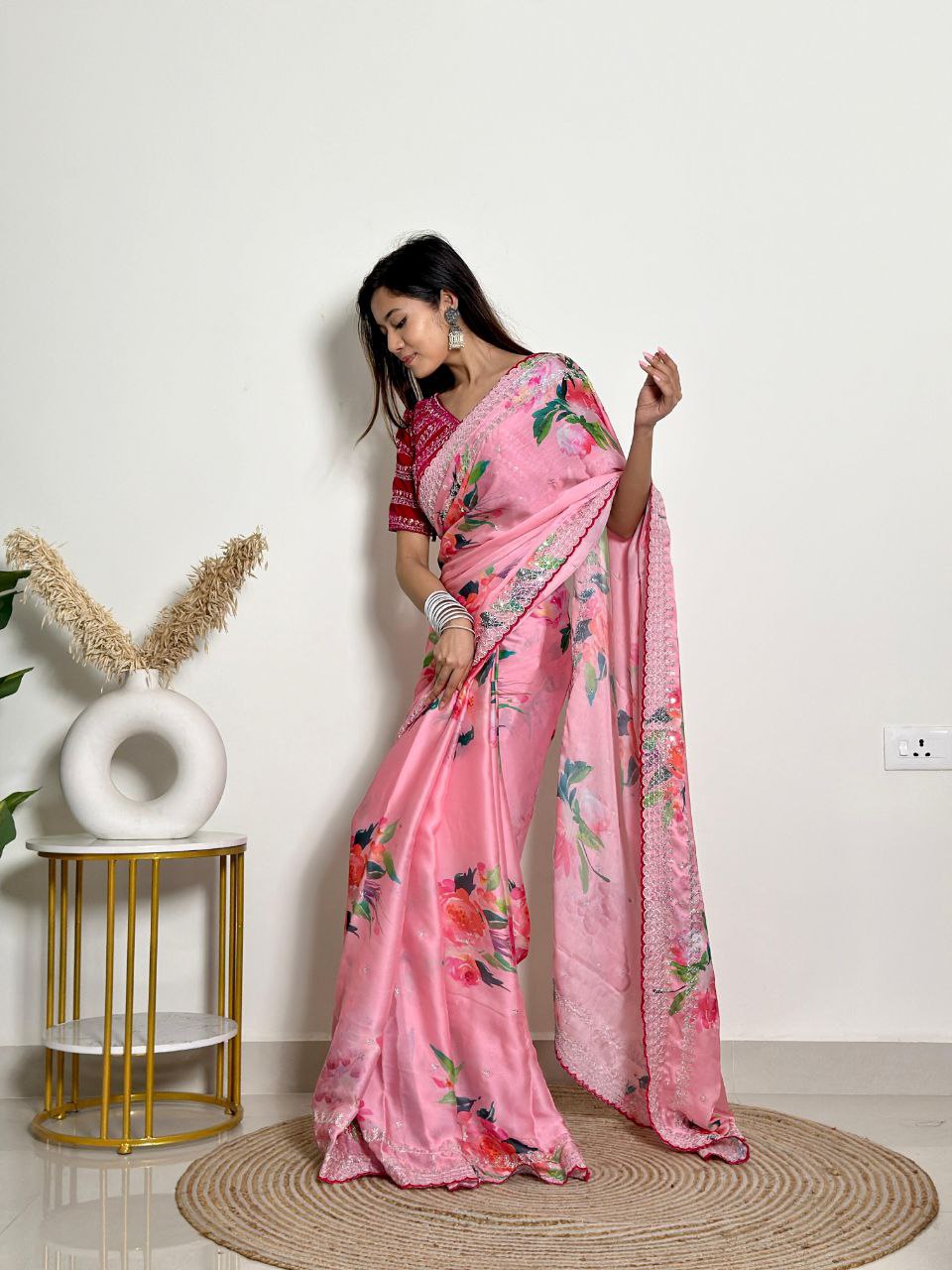 Pink Floral Georgette Satin Saree