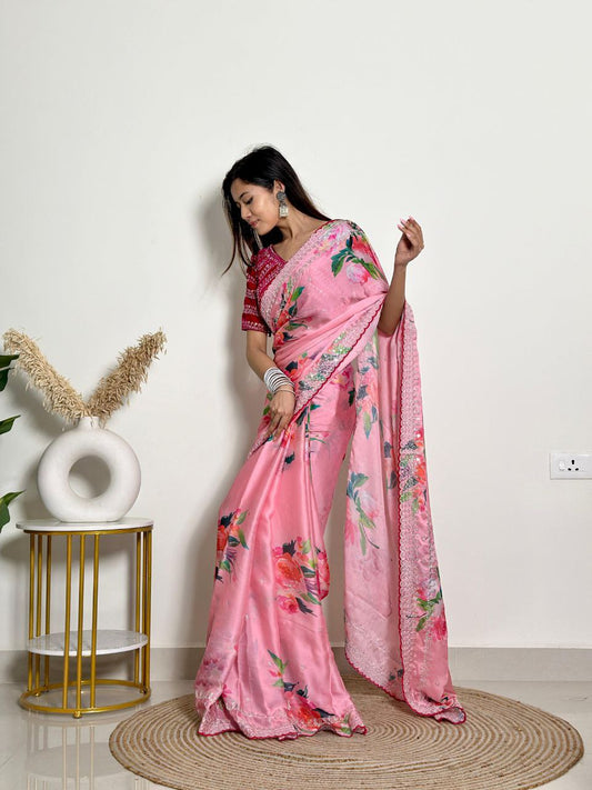 Pink Floral Georgette Satin Saree