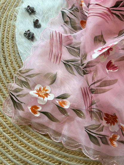 Pink Floral Handprinted Organza Silk Saree