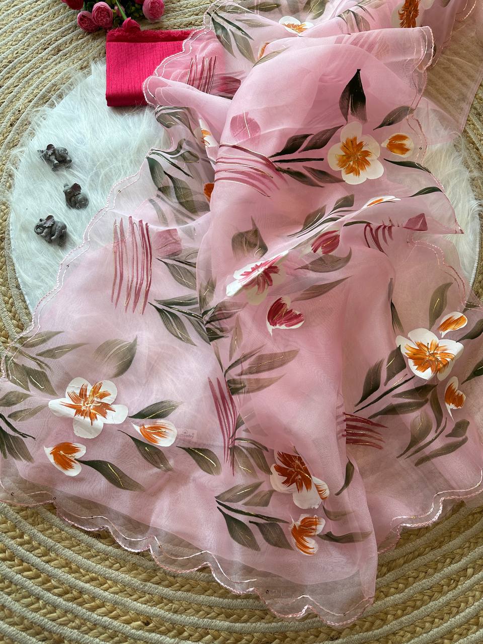 Pink Floral Handprinted Organza Silk Saree