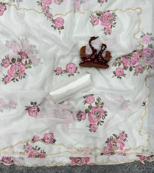 White Floral Handwork Organza Saree | Replica Design