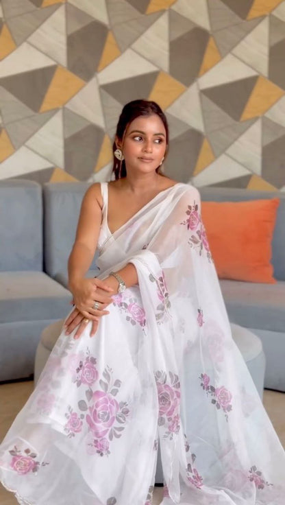 White Floral Handwork Organza Saree | Replica Design