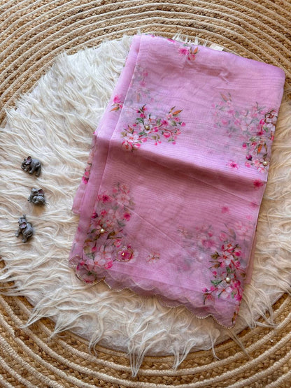 Pink Floral Organza Silk Saree