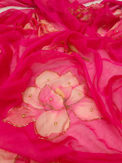 Pink Floral Organza Silk Saree | Replica Design