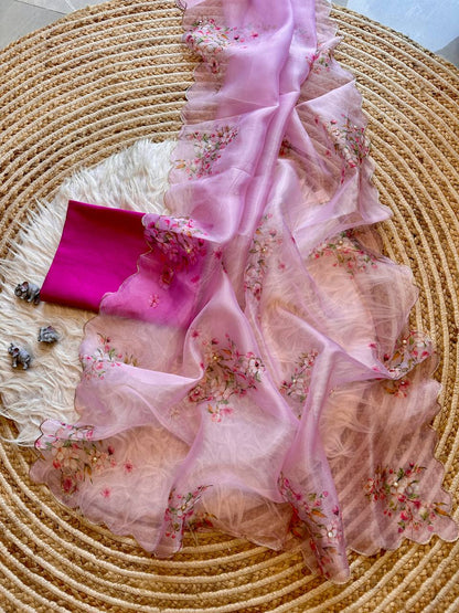 Pink Floral Organza Silk Saree