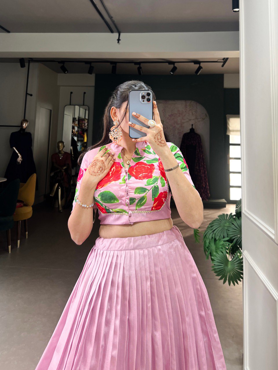 Pink Floral Printed Tussar Silk Lehenga