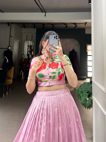 Pink Floral Printed Tussar Silk Lehenga