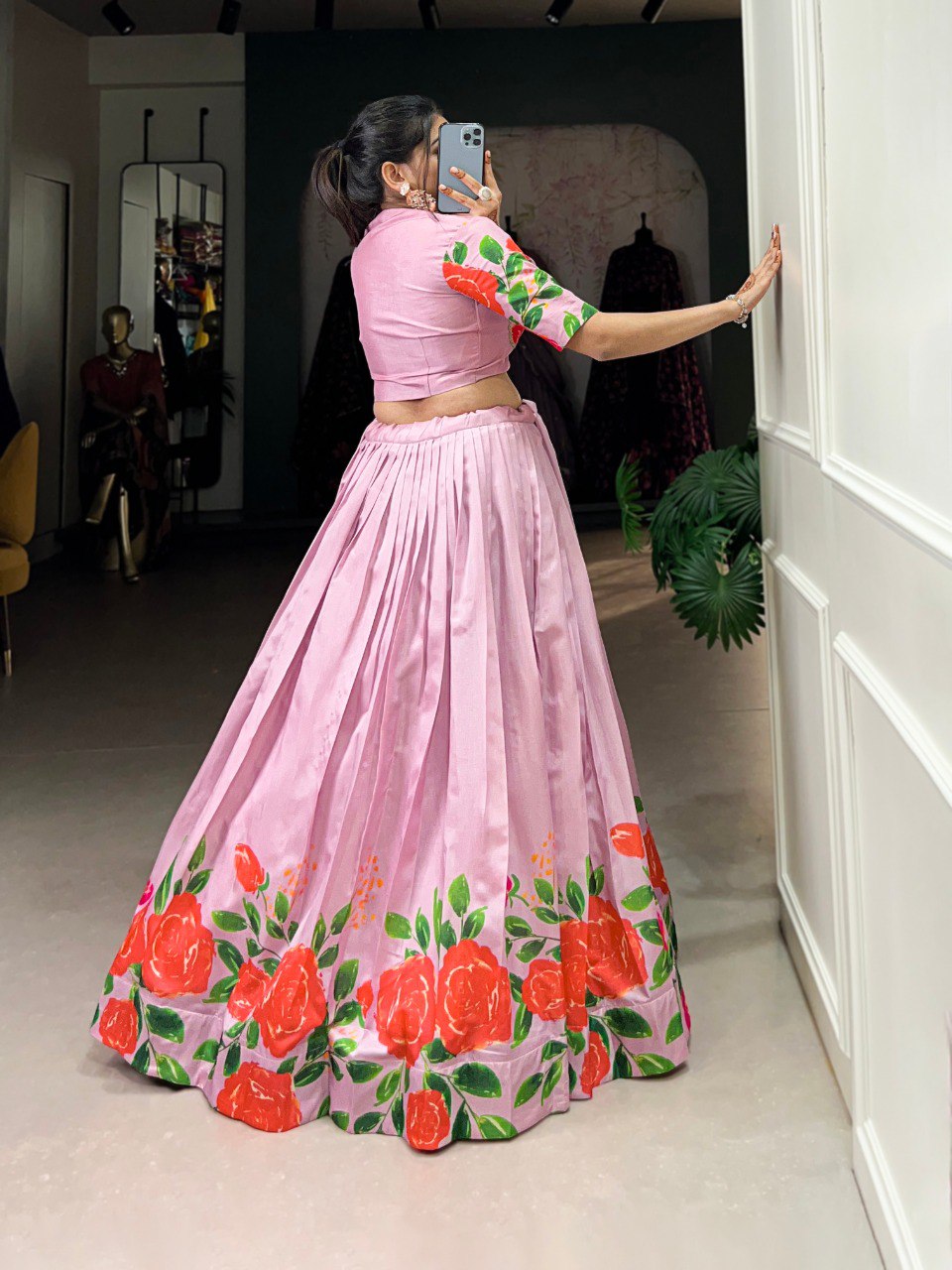 Pink Floral Printed Tussar Silk Lehenga