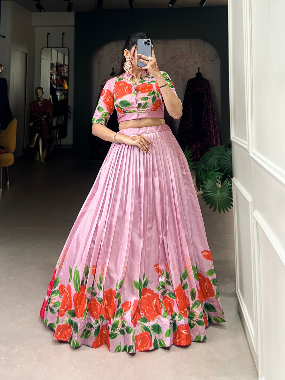 Pink Floral Printed Tussar Silk Lehenga