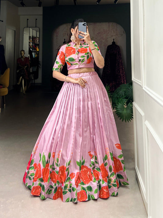Pink Floral Printed Tussar Silk Lehenga