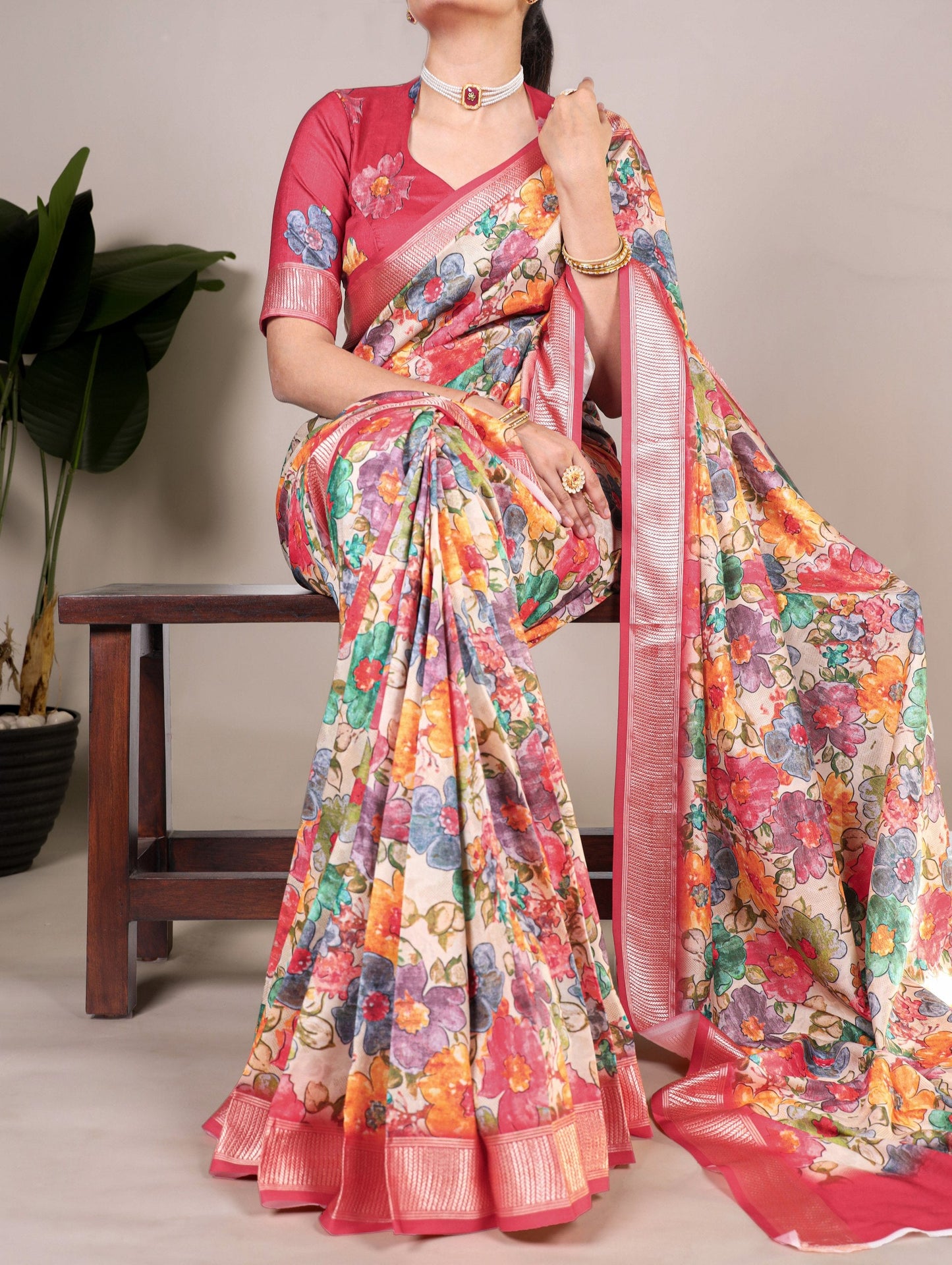 Pink Floral Printed Tussar Silk Saree