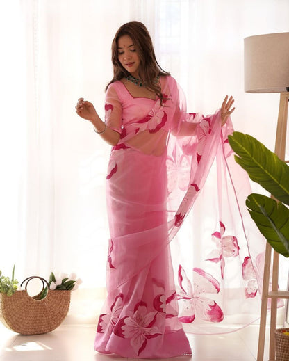 Pink Floral Ready To Wear Organza Saree