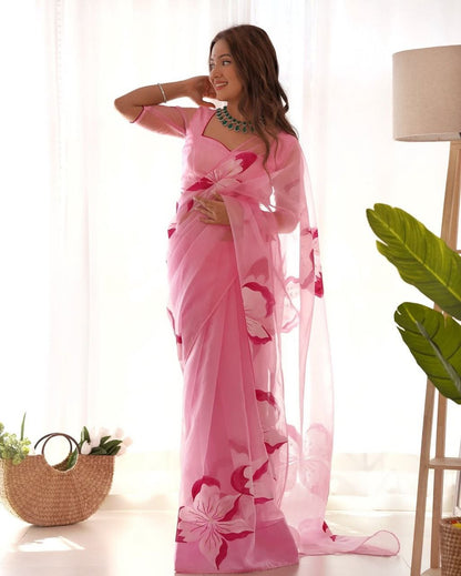 Pink Floral Ready To Wear Organza Saree