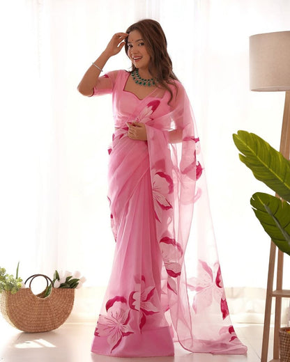 Pink Floral Ready To Wear Organza Saree