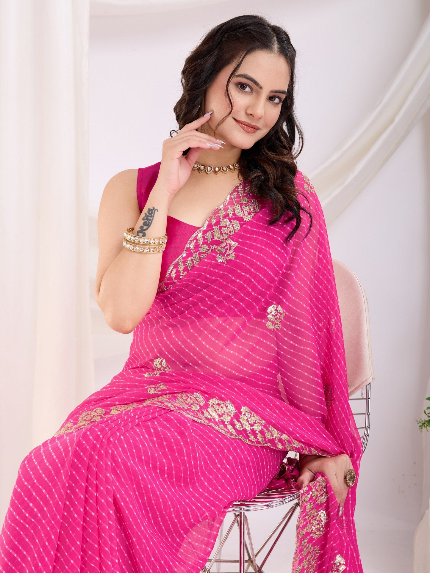Pink Laheriya Bandhej Georgette Saree