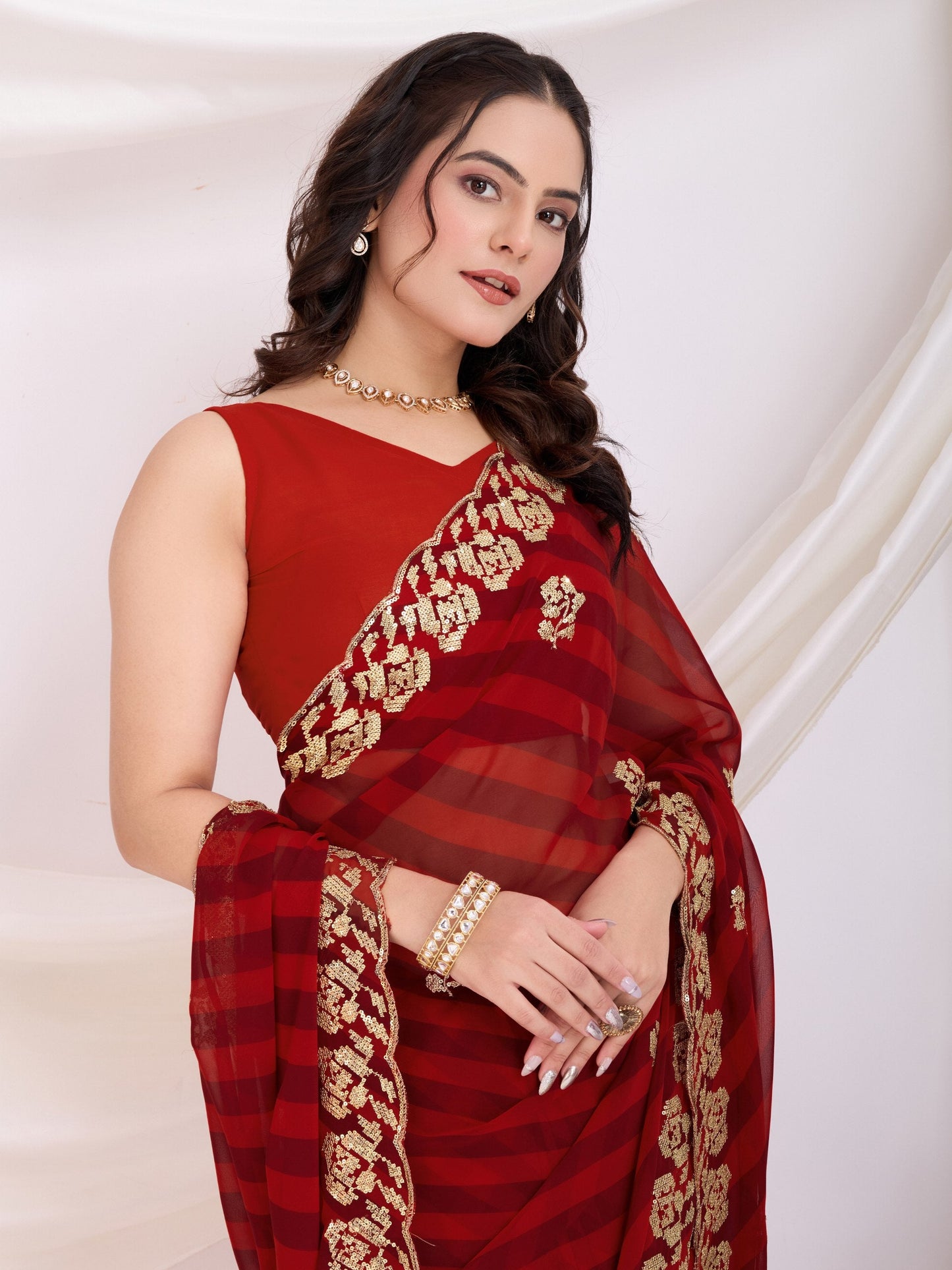 Maroon Laheriya Bandhej Georgette Saree