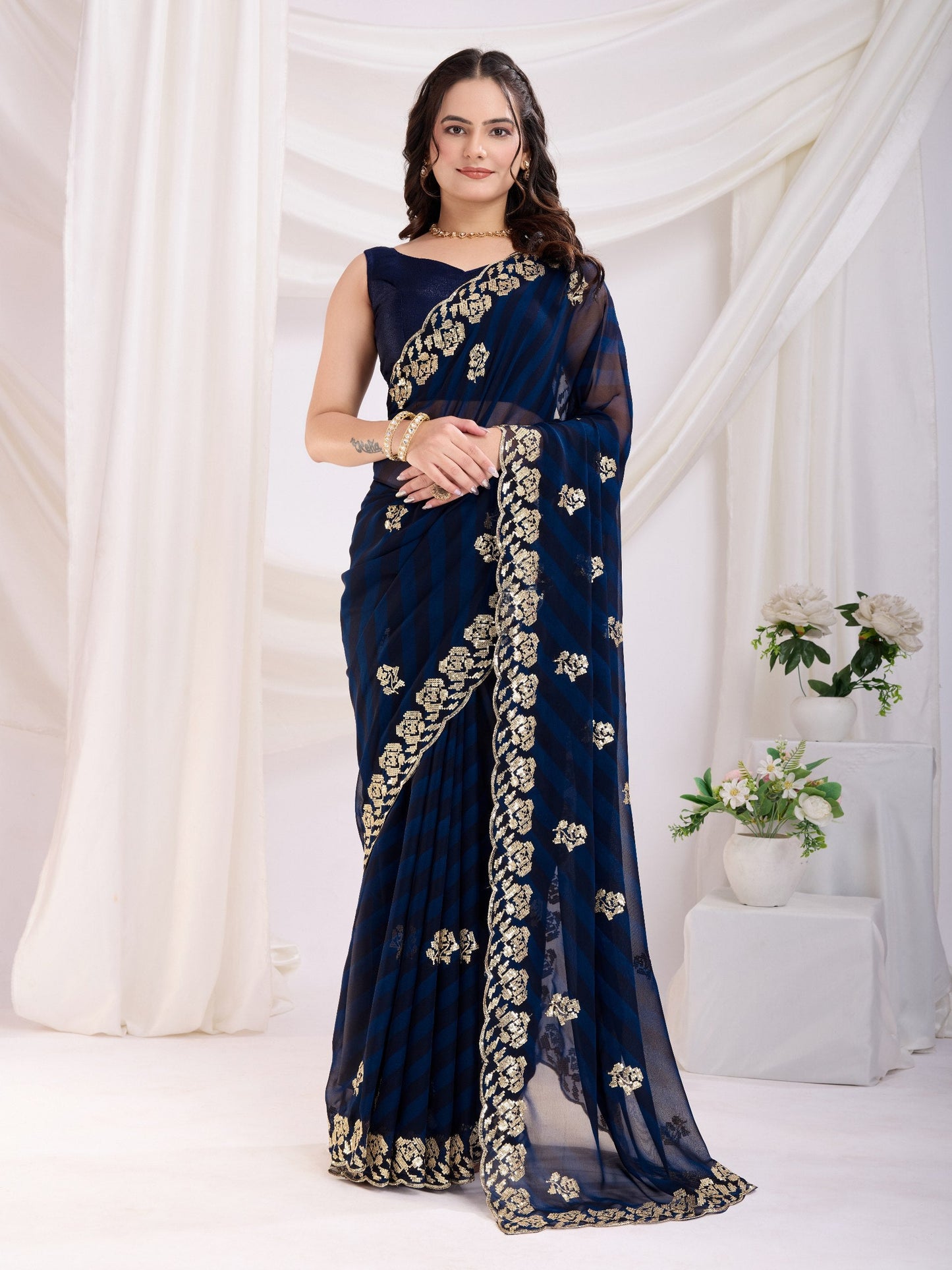 Navy Laheriya Bandhej Georgette Saree