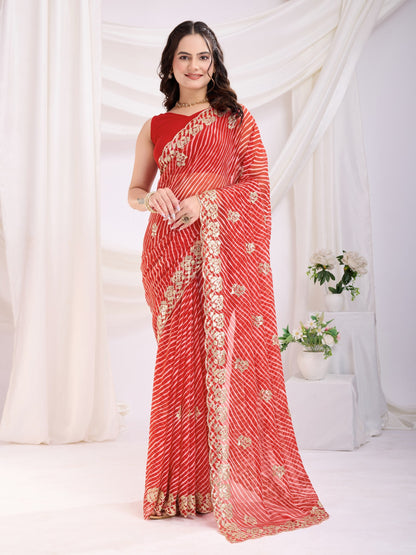 Red Laheriya Bandhej Georgette Saree