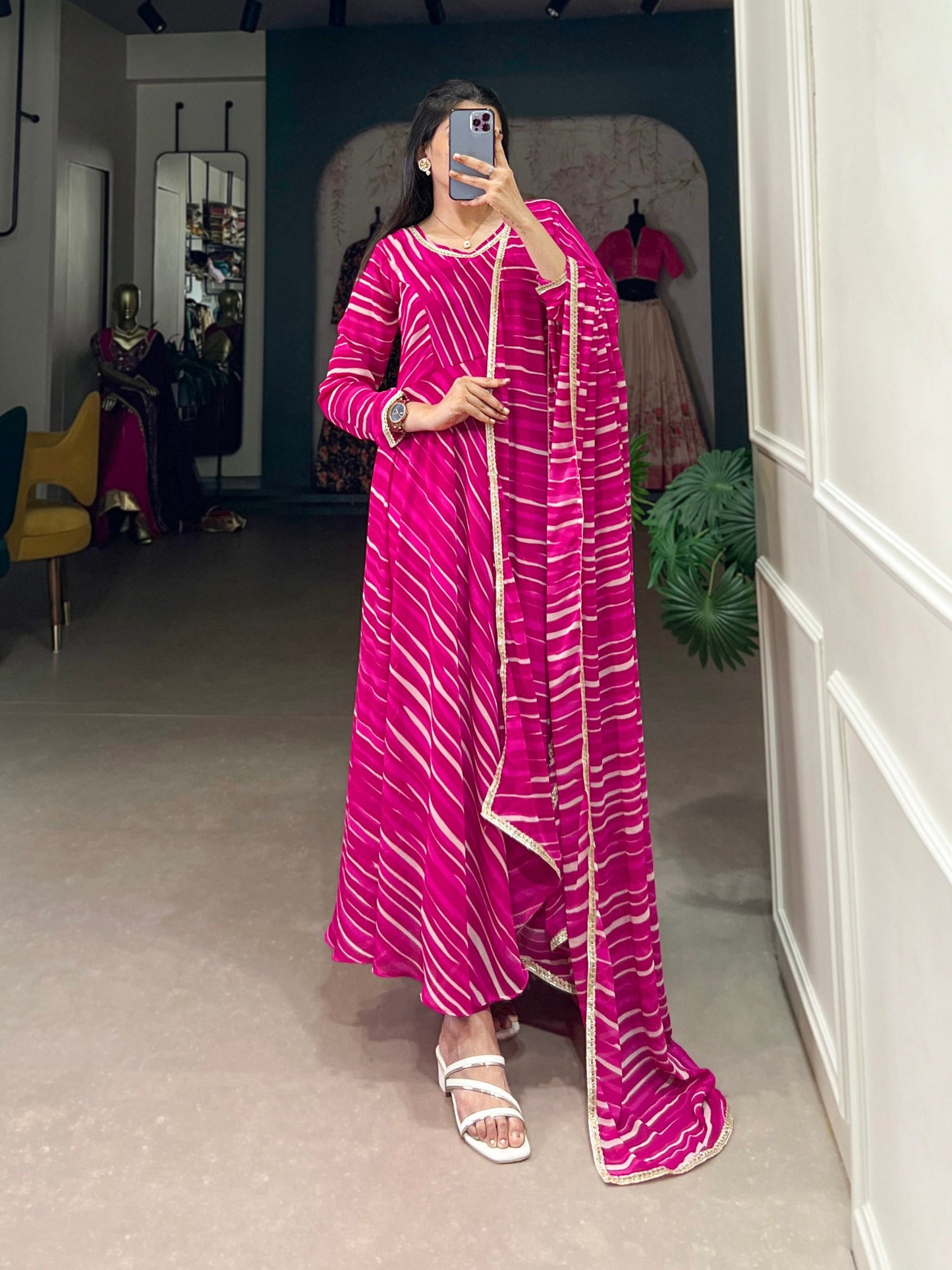 Pink Leheriya Charm Georgette Gown With Dupatta
