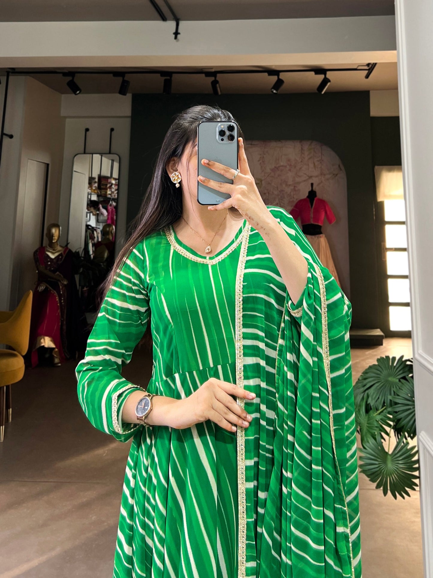 Green Leheriya Charm Georgette Gown With Dupatta