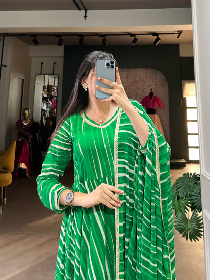 Green Leheriya Charm Georgette Gown With Dupatta