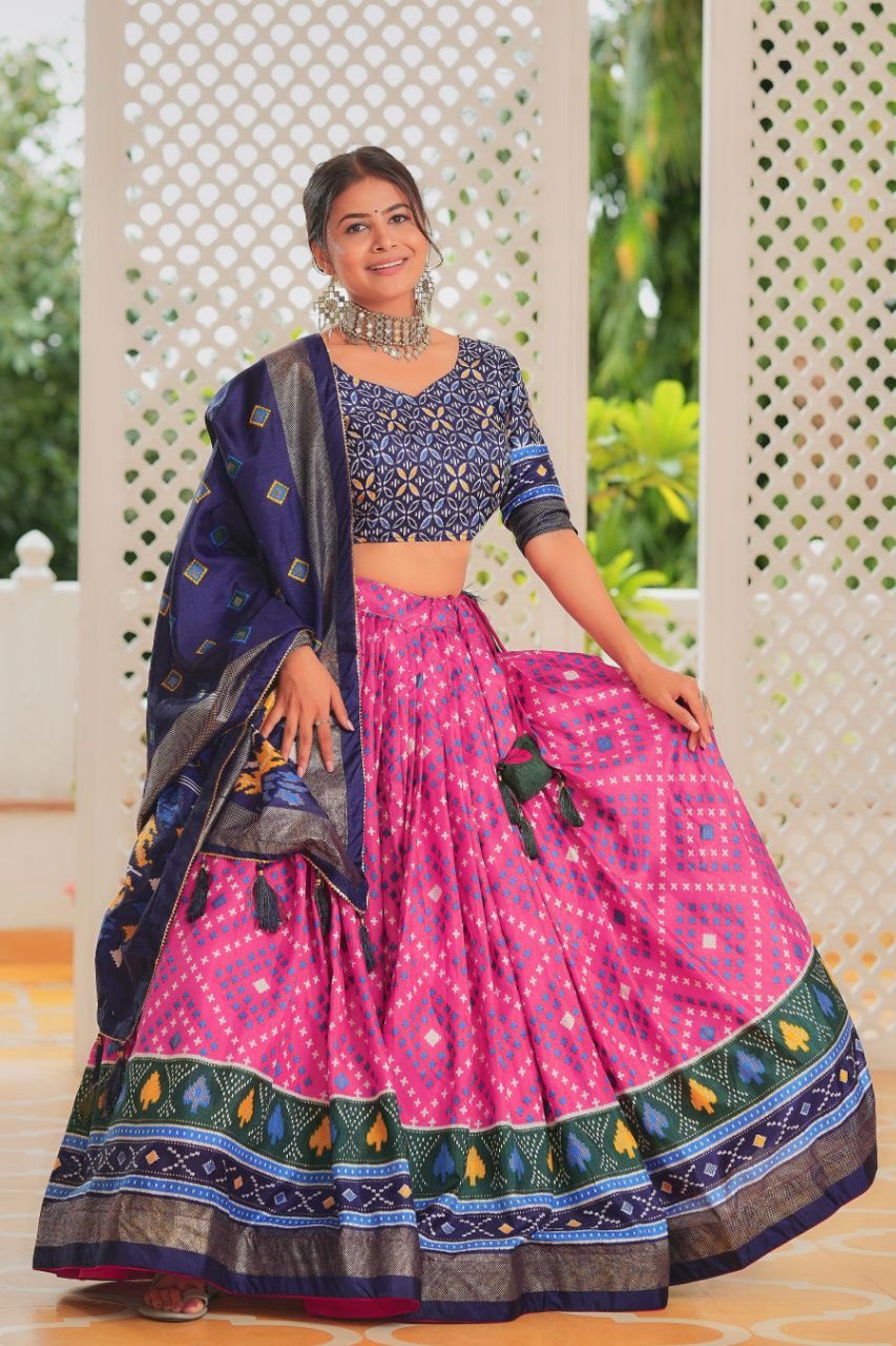 Pink & Navy Traditional Wedding Wear Silk Lehenga