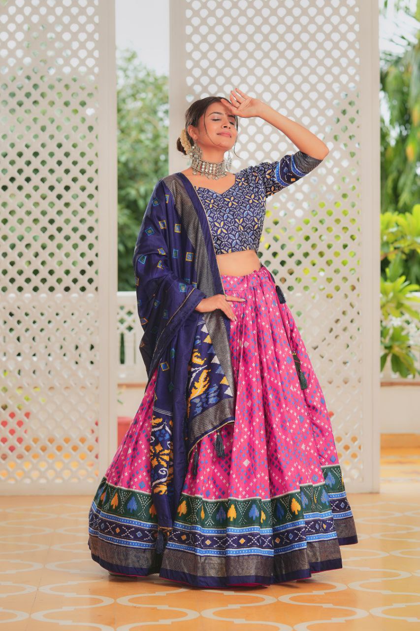 Pink & Navy Traditional Wedding Wear Silk Lehenga