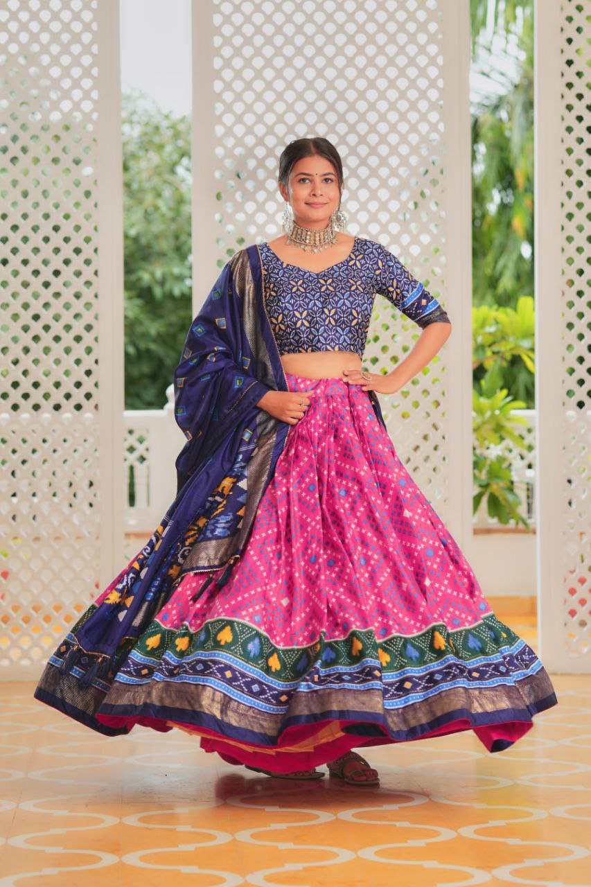 Pink & Navy Traditional Wedding Wear Silk Lehenga