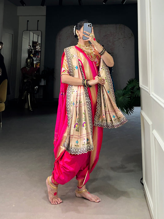 Pink Paithani Jacquard Silk Saree With Peach Dupatta