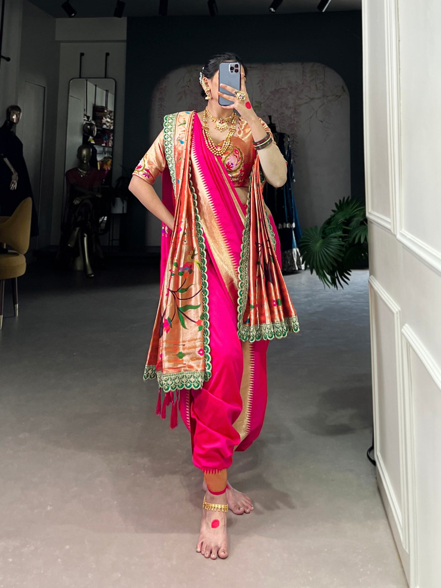 Pink Paithani Jacquard Silk Saree With Orange Dupatta