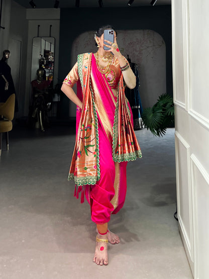Pink Paithani Jacquard Silk Saree With Orange Dupatta