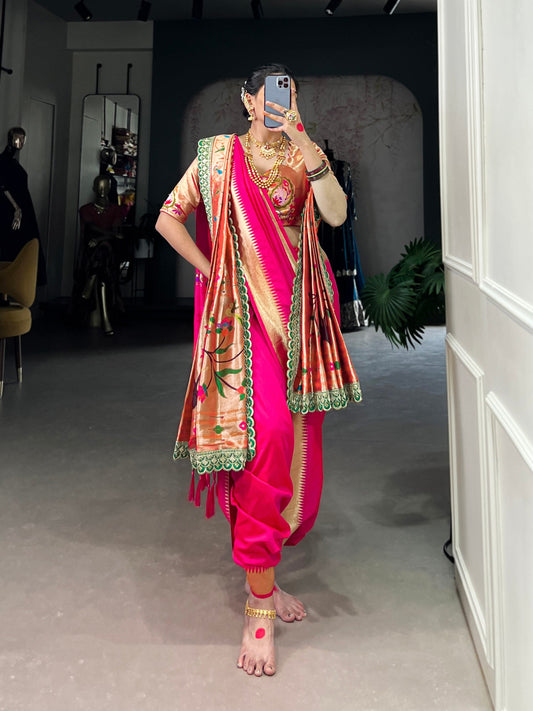 Pink Paithani Jacquard Silk Saree With Orange Dupatta