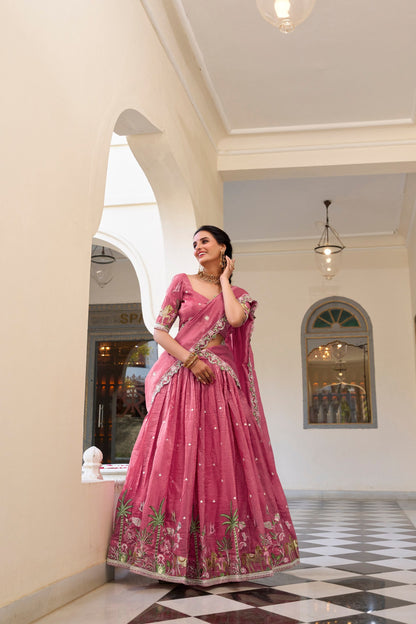 Pink Party Wear Gold Crush Lehenga