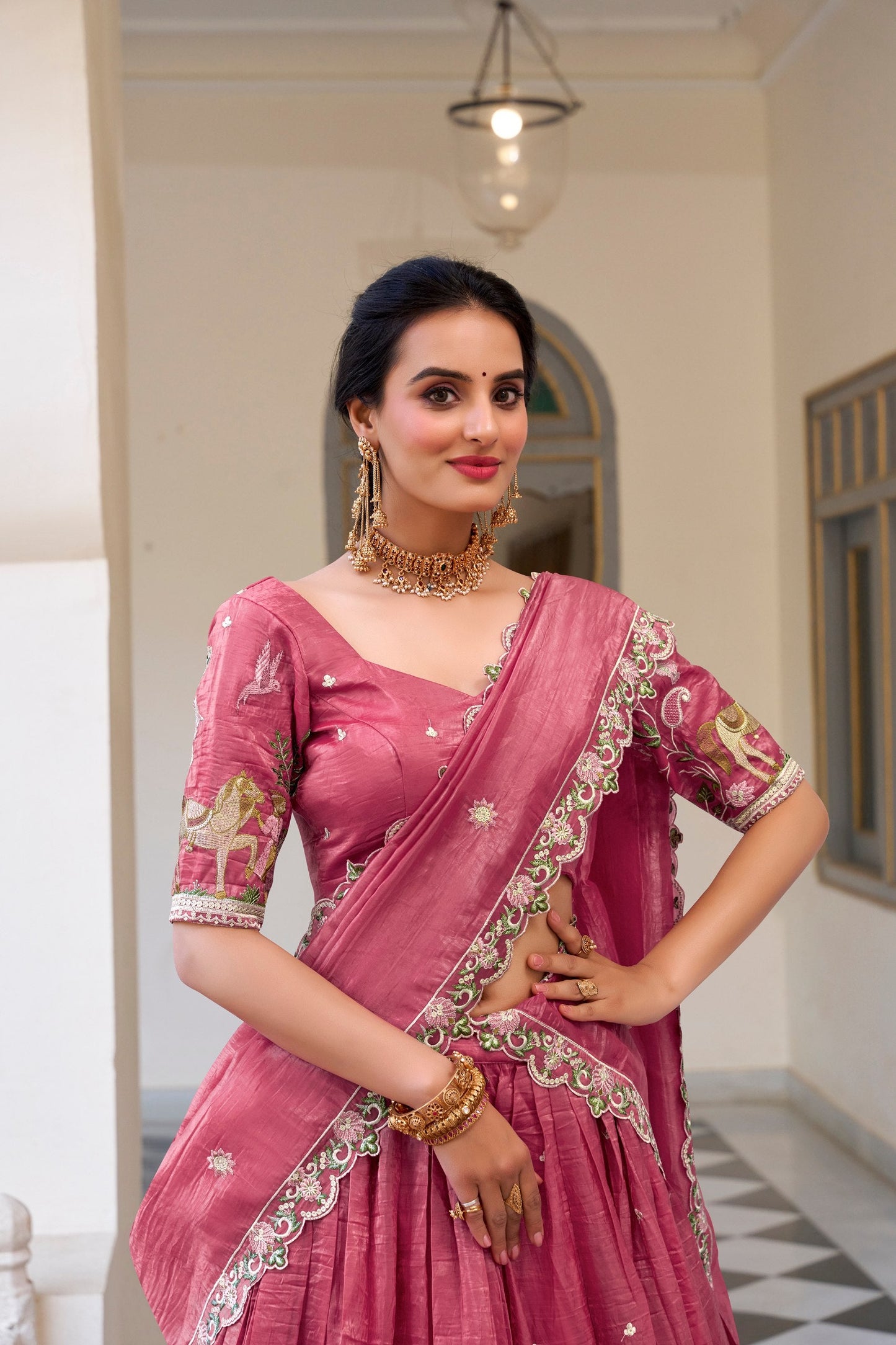 Pink Party Wear Gold Crush Lehenga