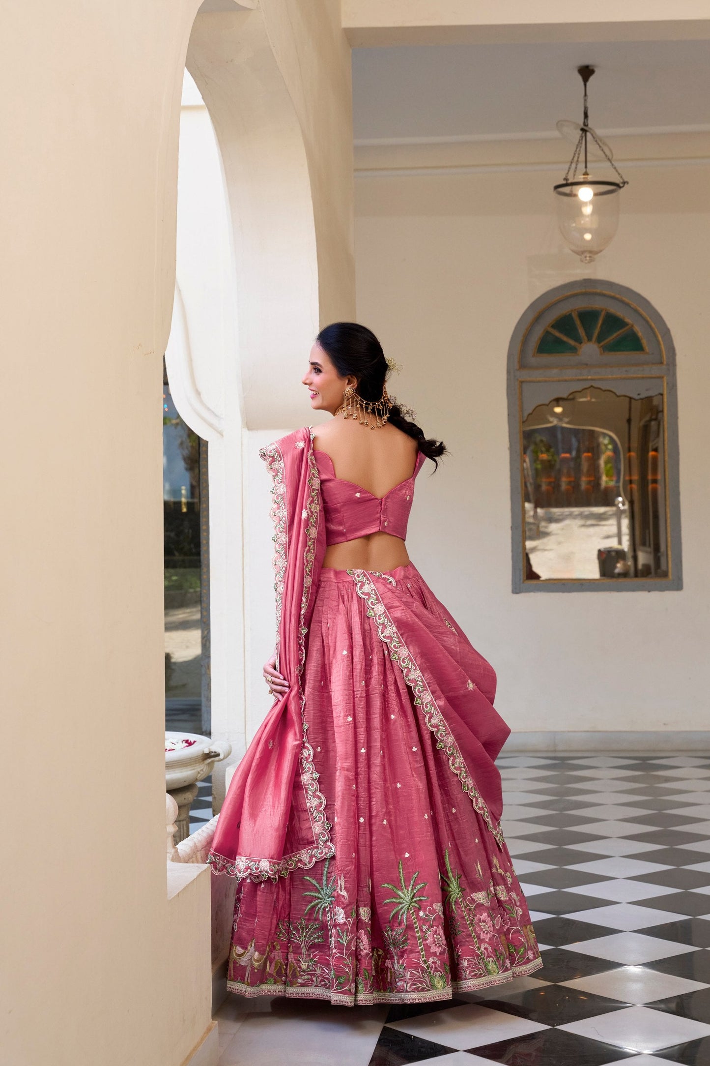 Pink Party Wear Gold Crush Lehenga