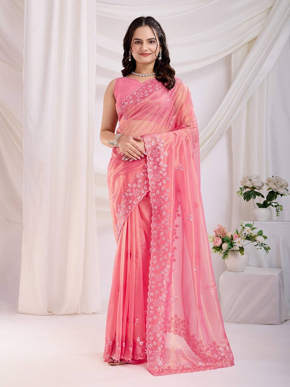 Pink Party Wear Gold Twill Net Saree